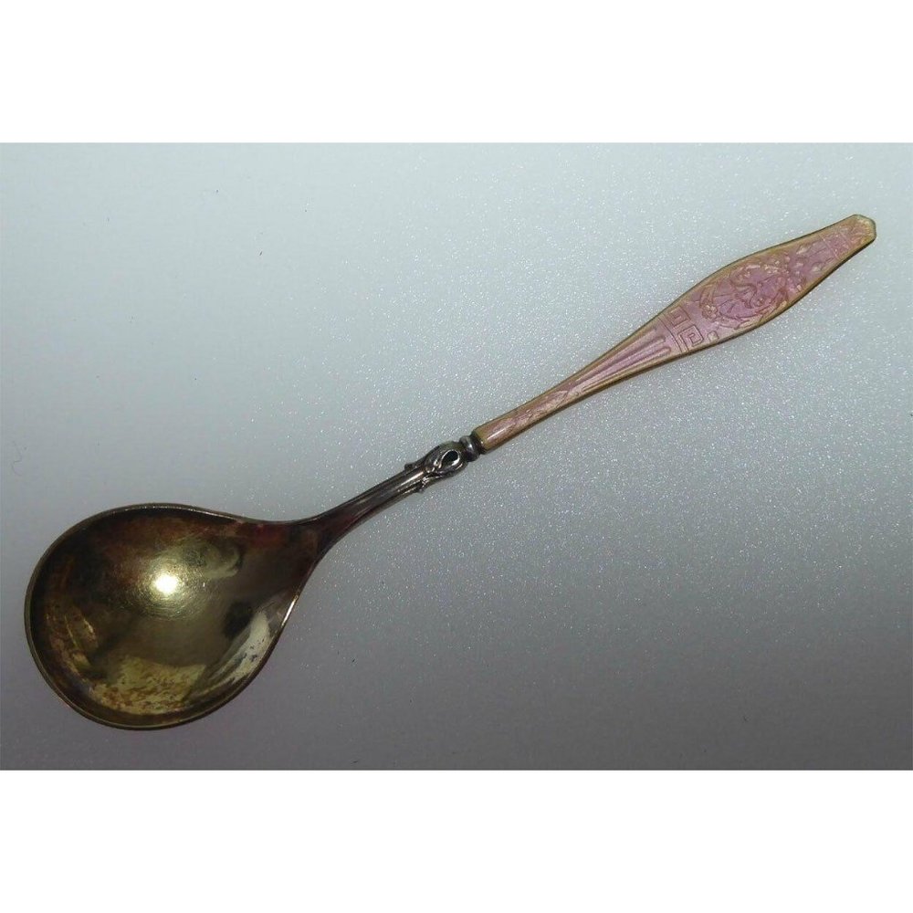 Fancy Antique DAVID ANDERSEN Early Mark 1888 1925 Sterling Enamel Spoon Pink